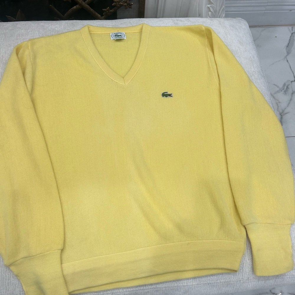 Lacoste Yellow V-Neck Sweater with Ribbed Cuffs
